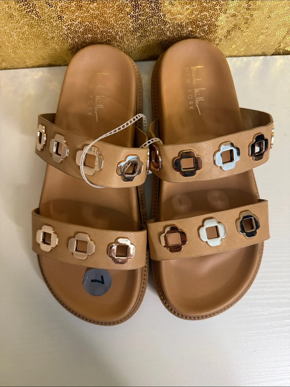 Kendra Scott Tan Double-Strap Slide Sandals with Metallic Accent Studs